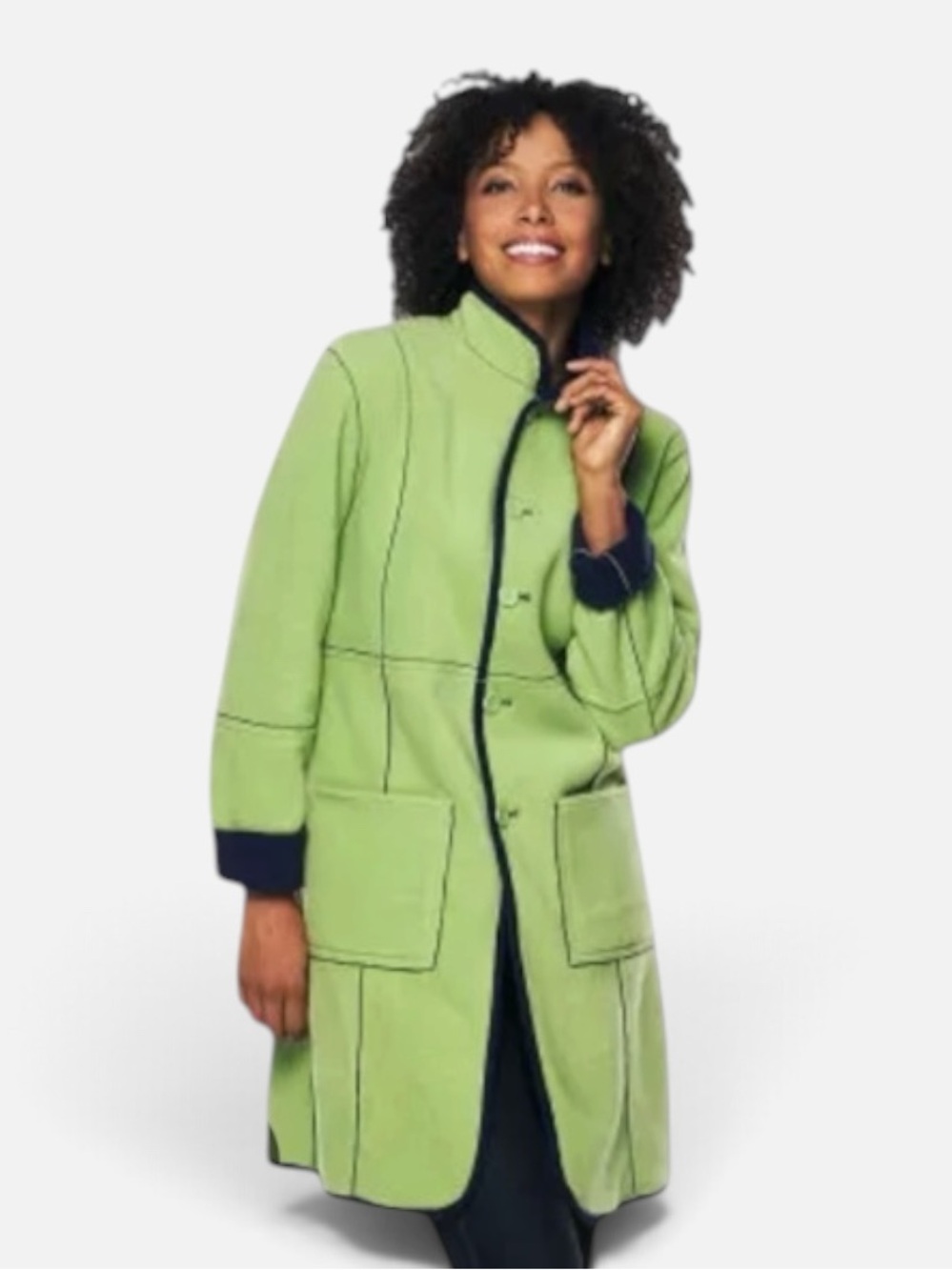 Susan Graver Reversible Fleece Coat with contrasting lime green stitching